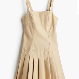 Beige Pleated Sundress with Square Neck
